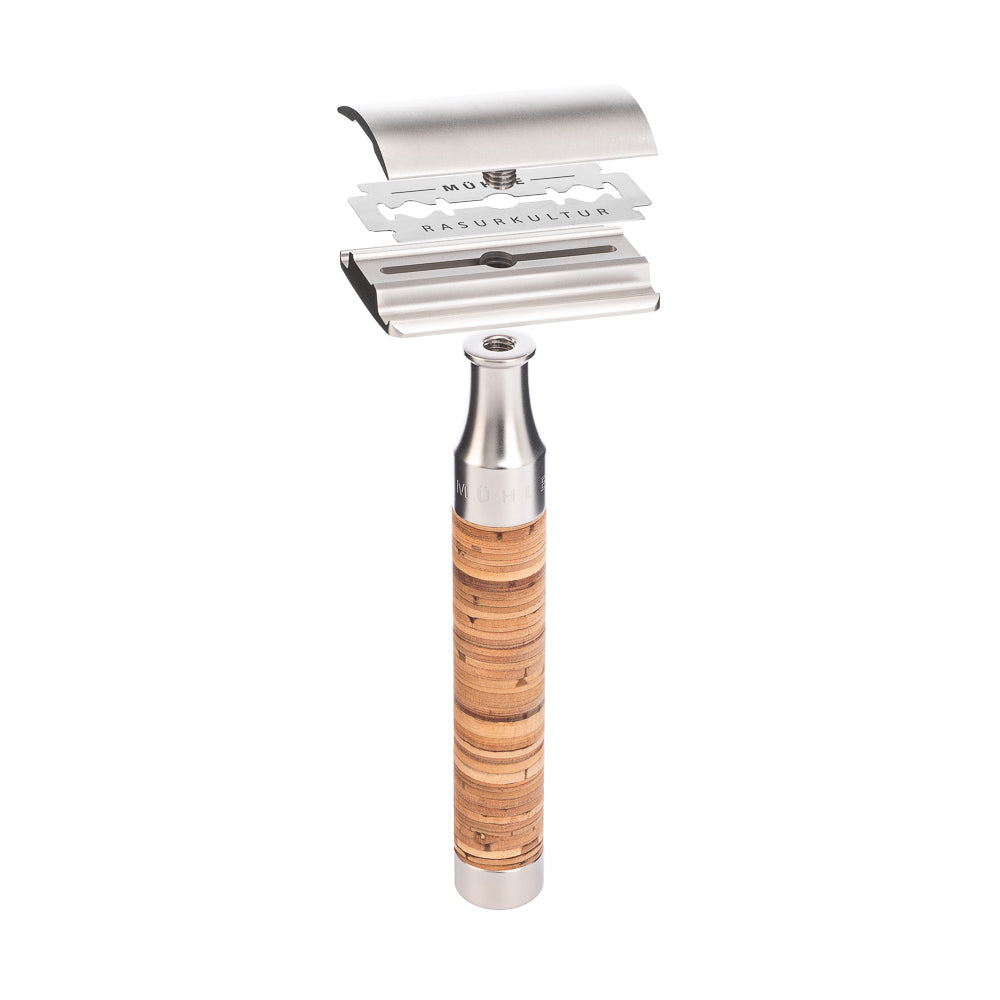 Coffret rasoir de sûreté ROCCA en acier inoxydable, écorce de bouleau – Mühle
