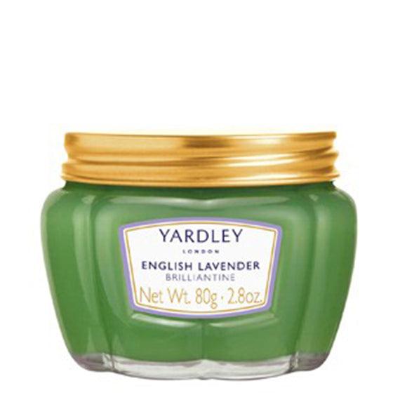 Grüne Yardley English Lavender Brilliantine Haarpomade im Tiegel mit goldfarbenem Deckel für leichten bis mittelfesten Halt und Lavendelduft