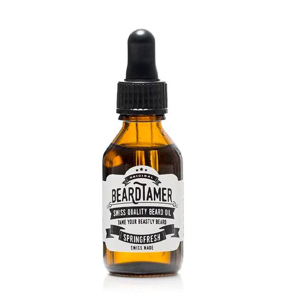 Beardtamer Springfresh Bartöl mit natürlicher Pflege und erfrischendem Zitrus-Kräuter-Duft in brauner Glasflasche mit Pipette