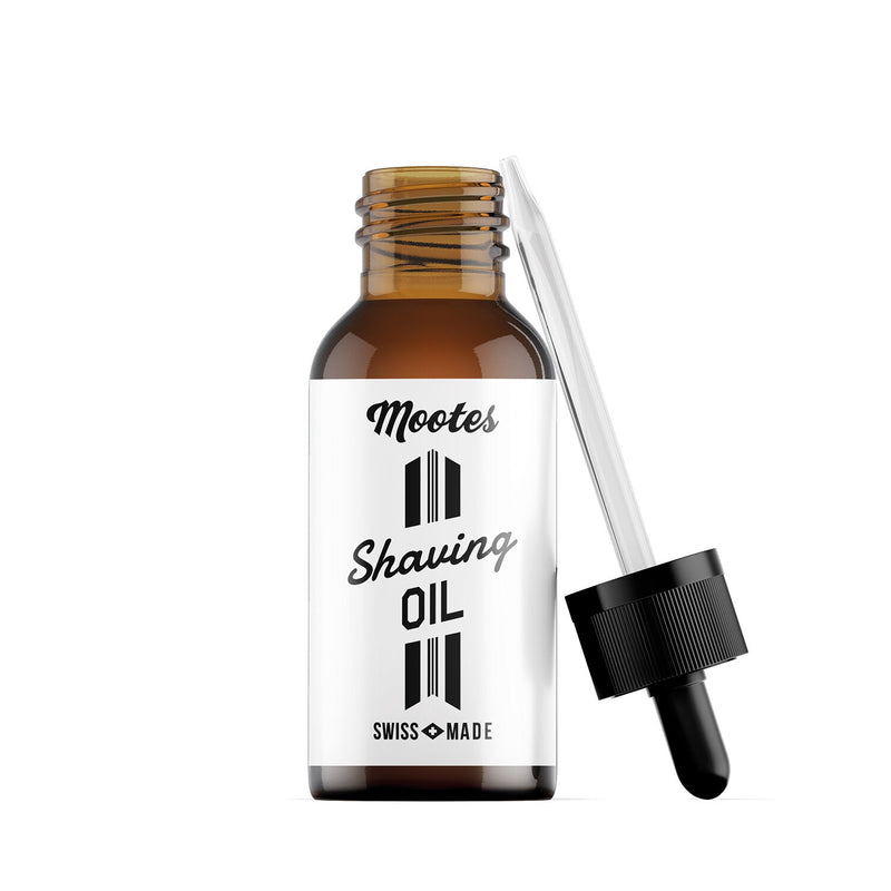 Mootes Rasieröl in brauner Glasflasche mit Pipette, natürliche Inhaltsstoffe, schweizer Handarbeit, pflegt und schützt die Haut beim Rasieren.