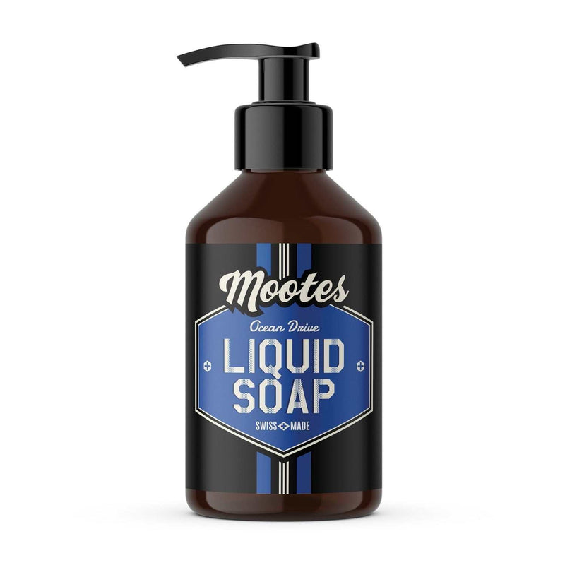 Flüssigseife Ocean Drive von Mootes mit maritimem Duft, natürlichen Inhaltsstoffen, nachhaltigem Palmöl und Aloe Vera, hergestellt in der Schweiz.