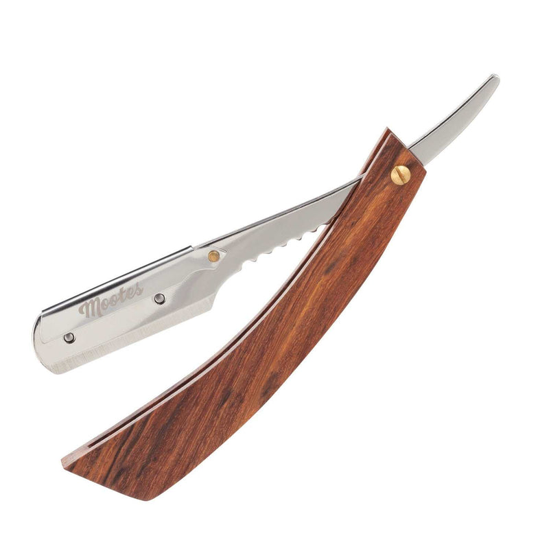Mootes Rasiermesser mit Wechselklinge und Griff aus dunklem Rosenholz, rostfreier Edelstahl, elegante Nassrasur-Alternative.