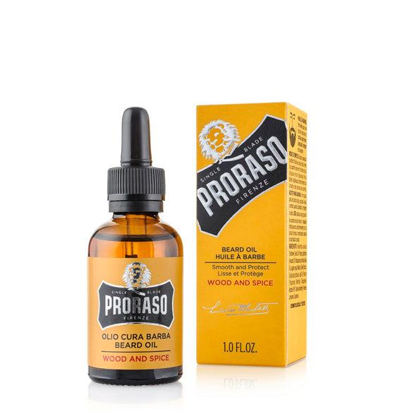 Proraso Bartöl Wood & Spice mit Macadamianuss- und Avocadoöl für weichen, gepflegten Bart und holziger Duft