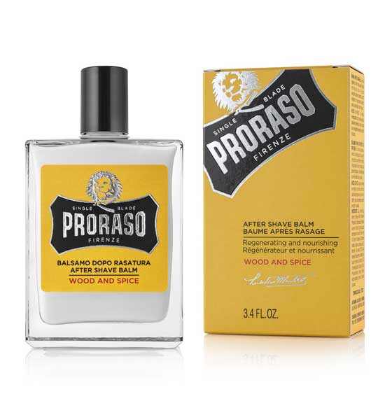 Aftershave Balsam Wood & Spice von Proraso in gelber Verpackung zur beruhigenden und pflegenden Hautnachbehandlung nach der Rasur