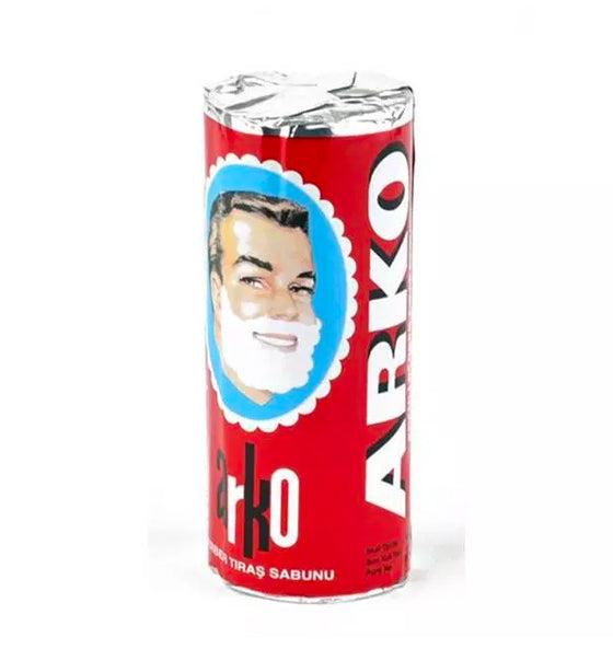 Arko Rasierstick in roter Verpackung mit klassischem Herrenmotiv für traditionelle Rasur