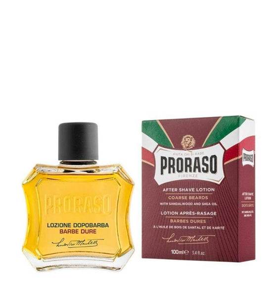 Flasche Proraso Aftershave Lotion Rote Linie mit Sandelholzöl und Sheabutteröl zur Hautberuhigung nach der Rasur